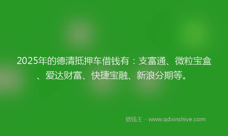 2025年的德清抵押车借钱有：支富通、微粒宝盒、爱达财富、快捷宝融、新浪分期等。