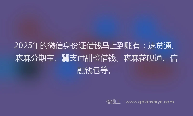 2025年的微信身份证借钱马上到账有：速贷通、森森分期宝、翼支付甜橙借钱、森森花呗通、信融钱包等。