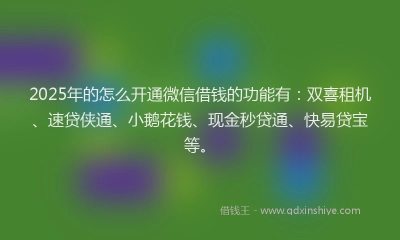 2025年的怎么开通微信借钱的功能有：双喜租机、速贷侠通、小鹅花钱、现金秒贷通、快易贷宝等。