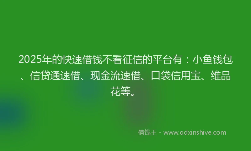 2025年的快速借钱不看征信的平台有：小鱼钱包、信贷通速借、现金流速借、口袋信用宝、维品花等。