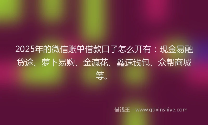 2025年的微信账单借款口子怎么开有：现金易融贷途、萝卜易购、金瀛花、鑫速钱包、众帮商城等。