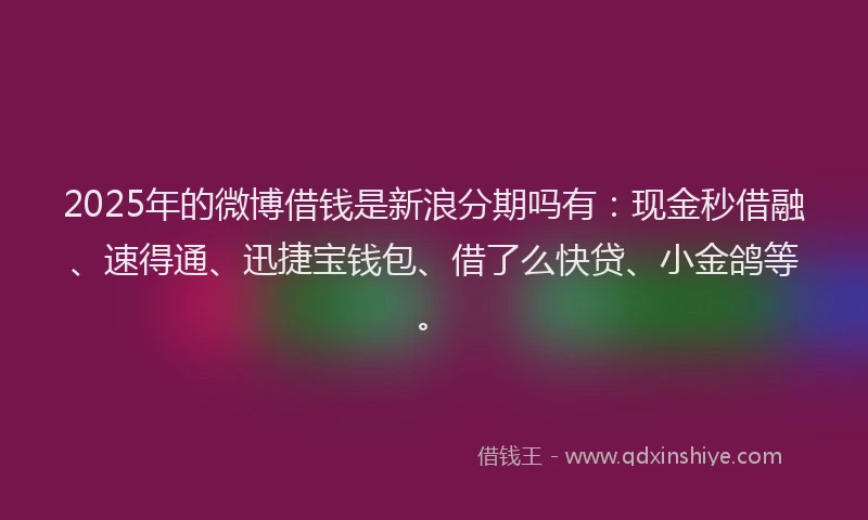2025年的微博借钱是新浪分期吗有：现金秒借融、速得通、迅捷宝钱包、借了么快贷、小金鸽等。