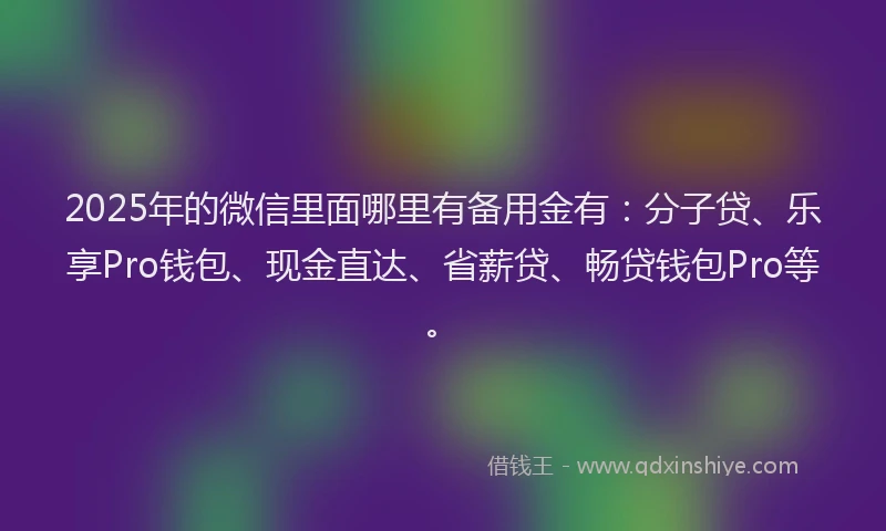 2025年的微信里面哪里有备用金有：分子贷、乐享Pro钱包、现金直达、省薪贷、畅贷钱包Pro等。