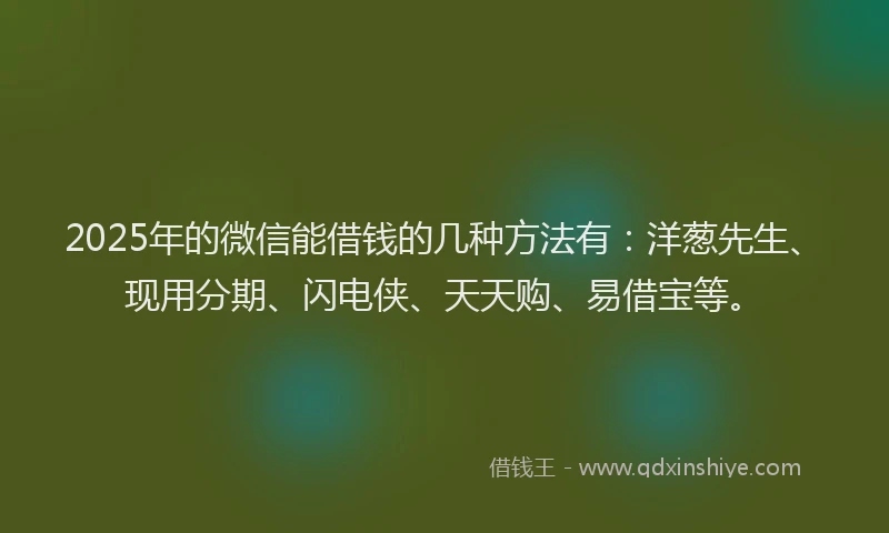 2025年的微信能借钱的几种方法有：洋葱先生、现用分期、闪电侠、天天购、易借宝等。