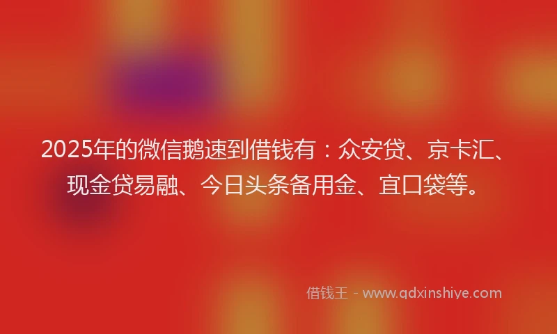 2025年的微信鹅速到借钱有：众安贷、京卡汇、现金贷易融、今日头条备用金、宜口袋等。