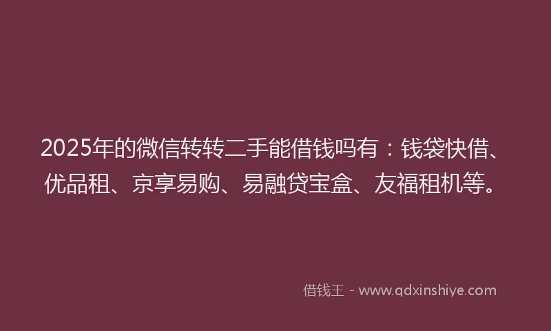 2025年的微信转转二手能借钱吗有：钱袋快借、优品租、京享易购、易融贷宝盒、友福租机等。