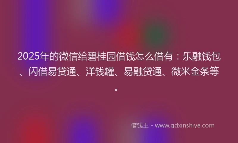 2025年的微信给碧桂园借钱怎么借有：乐融钱包、闪借易贷通、洋钱罐、易融贷通、微米金条等。