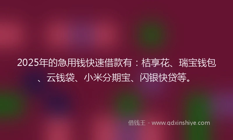 2025年的急用钱快速借款有：桔享花、瑞宝钱包、云钱袋、小米分期宝、闪银快贷等。