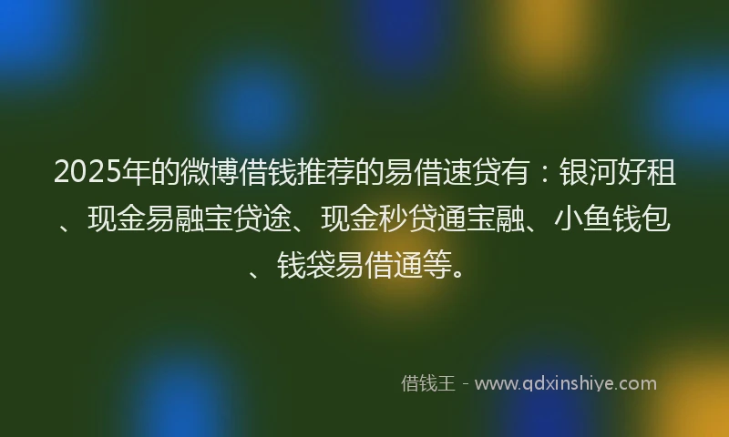 2025年的微博借钱推荐的易借速贷有：银河好租、现金易融宝贷途、现金秒贷通宝融、小鱼钱包、钱袋易借通等。