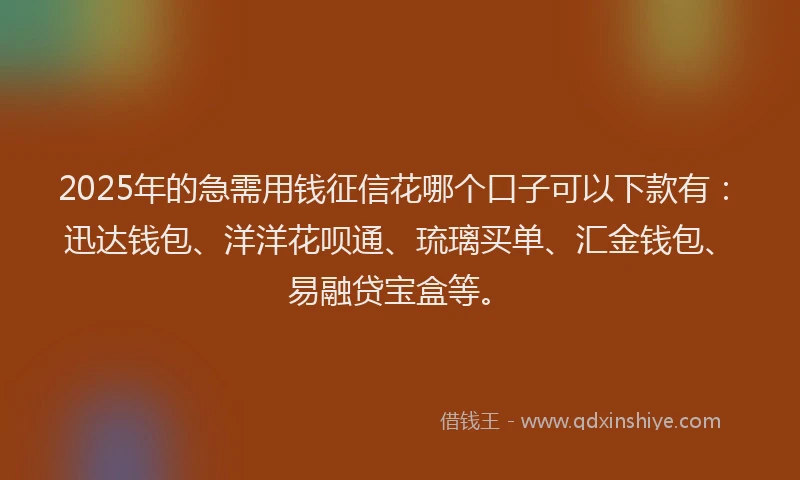 2025年的急需用钱征信花哪个口子可以下款有：迅达钱包、洋洋花呗通、琉璃买单、汇金钱包、易融贷宝盒等。