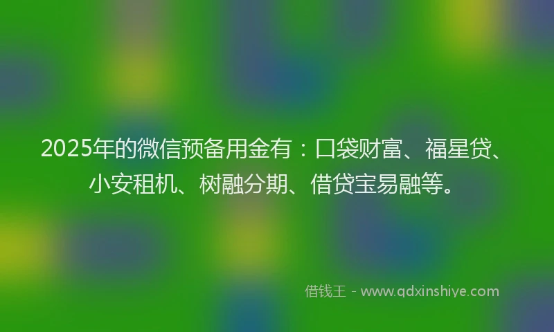 2025年的微信预备用金有：口袋财富、福星贷、小安租机、树融分期、借贷宝易融等。