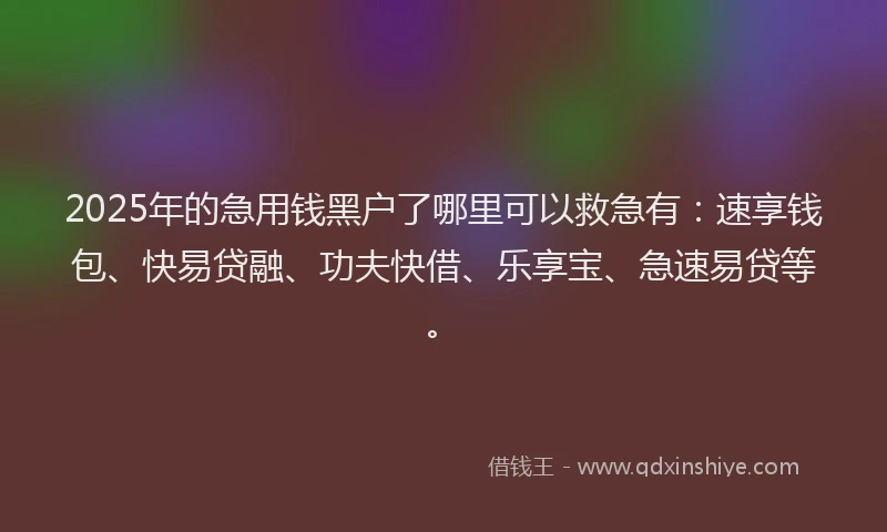 2025年的急用钱黑户了哪里可以救急有：速享钱包、快易贷融、功夫快借、乐享宝、急速易贷等。
