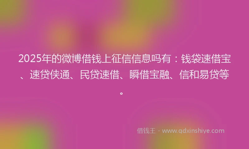 2025年的微博借钱上征信信息吗有：钱袋速借宝、速贷侠通、民贷速借、瞬借宝融、信和易贷等。