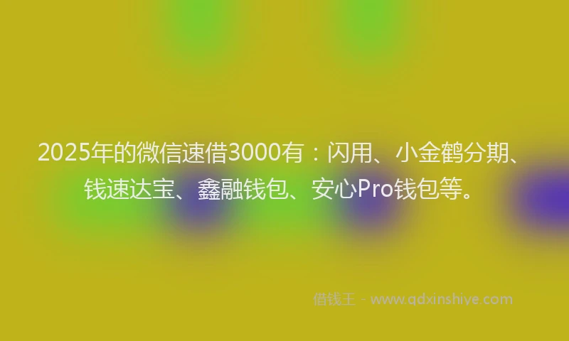 2025年的微信速借3000有：闪用、小金鹤分期、钱速达宝、鑫融钱包、安心Pro钱包等。