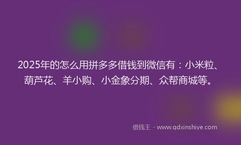 2025年的怎么用拼多多借钱到微信有：小米粒、葫芦花、羊小购、小金象分期、众帮商城等。