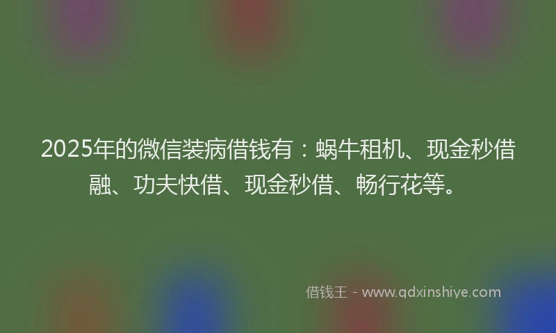 2025年的微信装病借钱有：蜗牛租机、现金秒借融、功夫快借、现金秒借、畅行花等。
