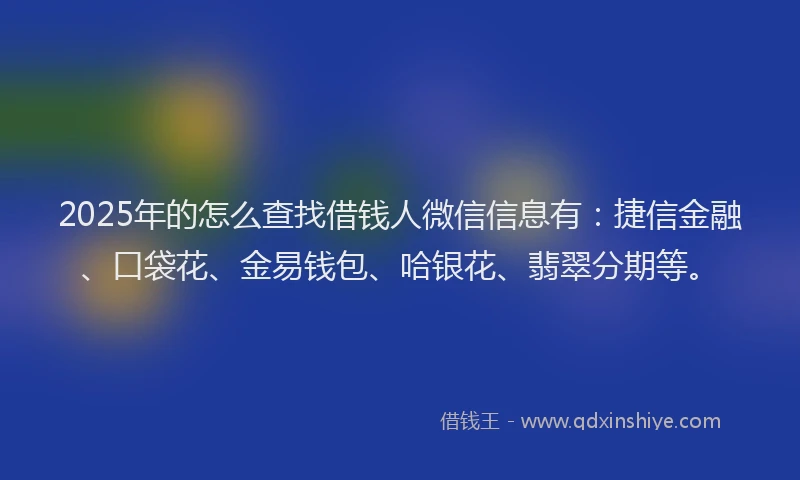 2025年的怎么查找借钱人微信信息有：捷信金融、口袋花、金易钱包、哈银花、翡翠分期等。