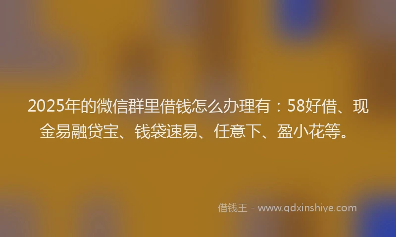 2025年的微信群里借钱怎么办理有：58好借、现金易融贷宝、钱袋速易、任意下、盈小花等。
