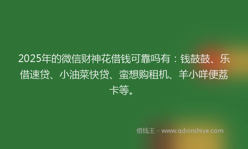 2025年的微信财神花借钱可靠吗有：钱鼓鼓、乐借速贷、小油菜快贷、蛮想购租机、羊小咩便荔卡等。
