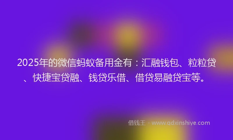 2025年的微信蚂蚁备用金有：汇融钱包、粒粒贷、快捷宝贷融、钱贷乐借、借贷易融贷宝等。