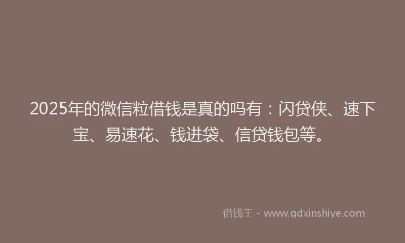 2025年的微信粒借钱是真的吗有：闪贷侠、速下宝、易速花、钱进袋、信贷钱包等。