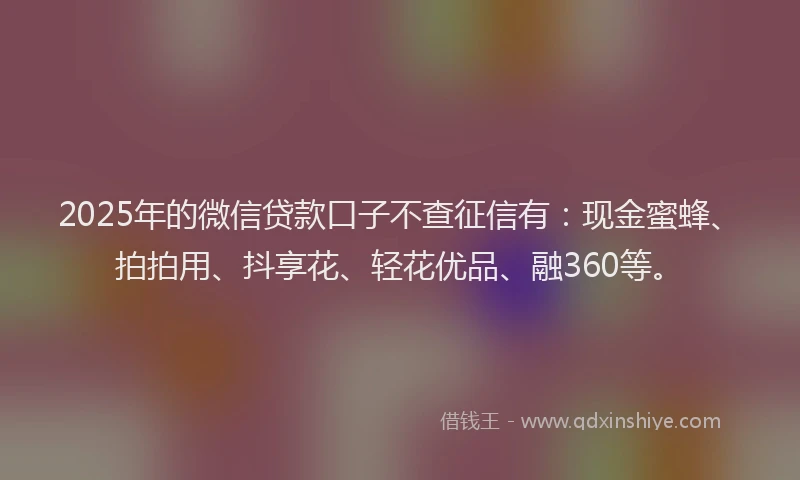 2025年的微信贷款口子不查征信有：现金蜜蜂、拍拍用、抖享花、轻花优品、融360等。