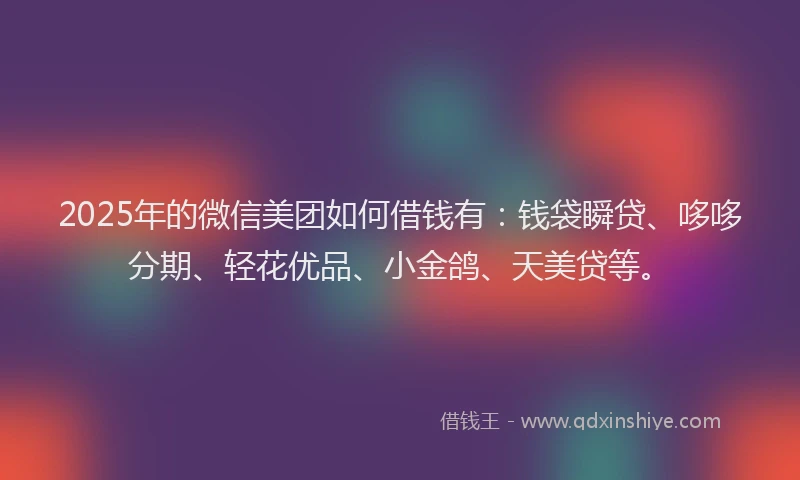 2025年的微信美团如何借钱有：钱袋瞬贷、哆哆分期、轻花优品、小金鸽、天美贷等。