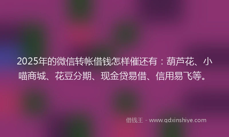 2025年的微信转帐借钱怎样催还有：葫芦花、小喵商城、花豆分期、现金贷易借、信用易飞等。