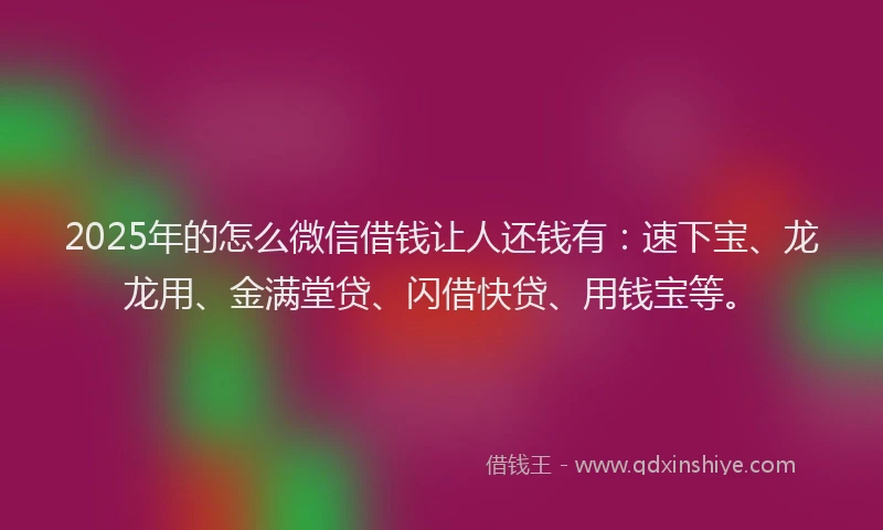 2025年的怎么微信借钱让人还钱有：速下宝、龙龙用、金满堂贷、闪借快贷、用钱宝等。