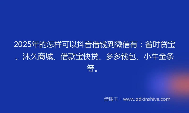 2025年的怎样可以抖音借钱到微信有：省时贷宝、沐久商城、借款宝快贷、多多钱包、小牛金条等。