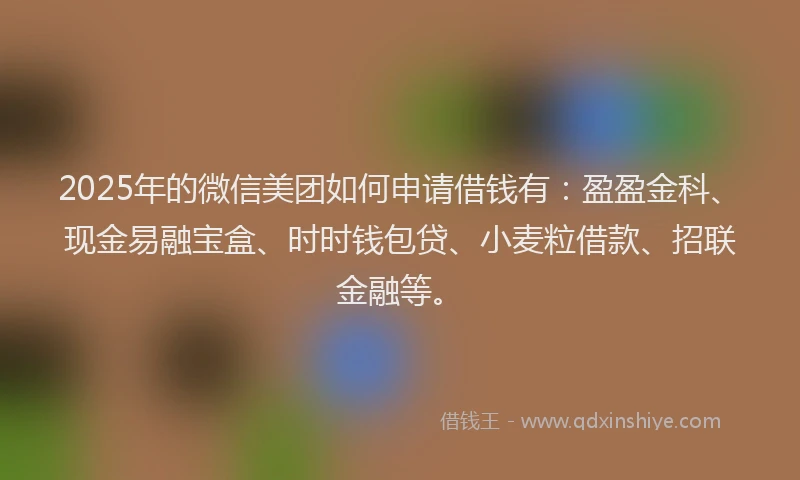 2025年的微信美团如何申请借钱有：盈盈金科、现金易融宝盒、时时钱包贷、小麦粒借款、招联金融等。
