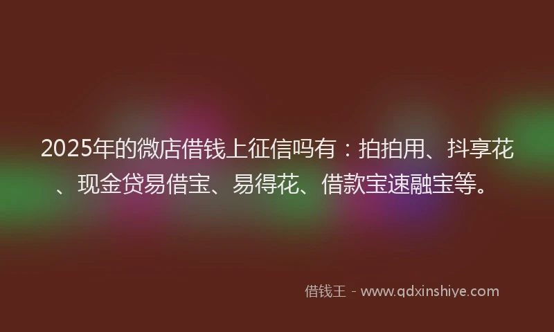 2025年的微店借钱上征信吗有：拍拍用、抖享花、现金贷易借宝、易得花、借款宝速融宝等。