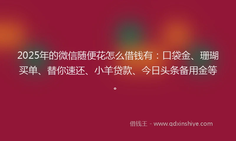 2025年的微信随便花怎么借钱有：口袋金、珊瑚买单、替你速还、小羊贷款、今日头条备用金等。