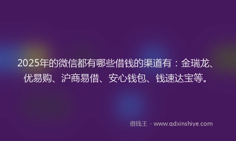 2025年的微信都有哪些借钱的渠道有：金瑞龙、优易购、沪商易借、安心钱包、钱速达宝等。
