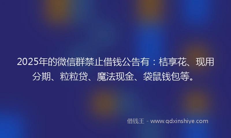 2025年的微信群禁止借钱公告有：桔享花、现用分期、粒粒贷、魔法现金、袋鼠钱包等。