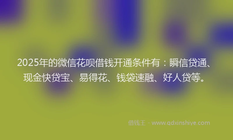 2025年的微信花呗借钱开通条件有：瞬信贷通、现金快贷宝、易得花、钱袋速融、好人贷等。