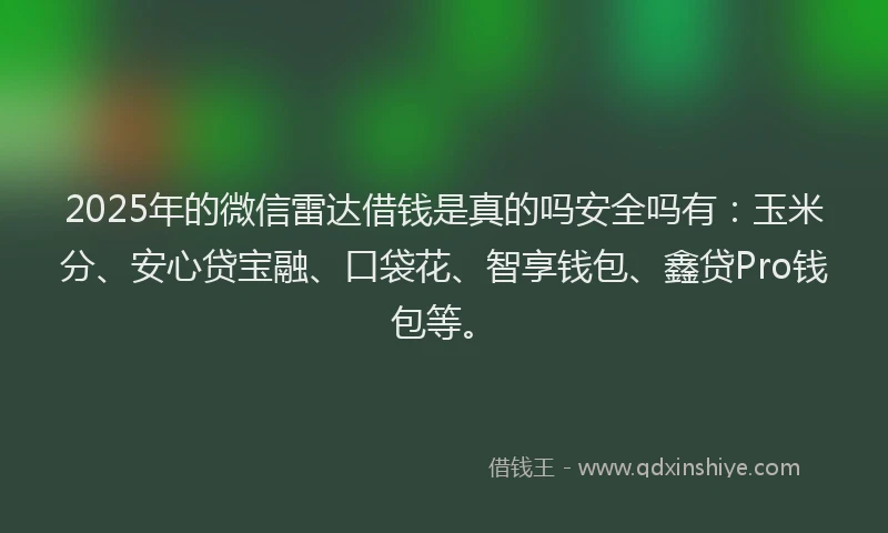 2025年的微信雷达借钱是真的吗安全吗有：玉米分、安心贷宝融、口袋花、智享钱包、鑫贷Pro钱包等。