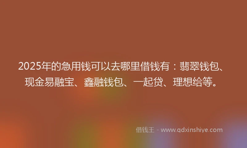 2025年的急用钱可以去哪里借钱有：翡翠钱包、现金易融宝、鑫融钱包、一起贷、理想给等。