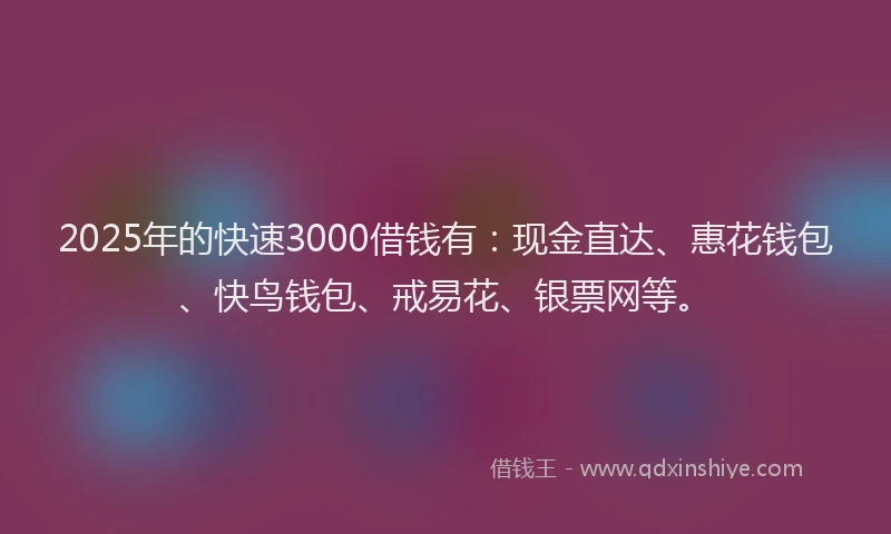 2025年的快速3000借钱有：现金直达、惠花钱包、快鸟钱包、戒易花、银票网等。