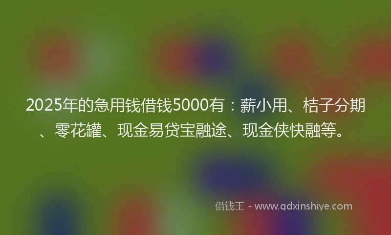 2025年的急用钱借钱5000有：薪小用、桔子分期、零花罐、现金易贷宝融途、现金侠快融等。