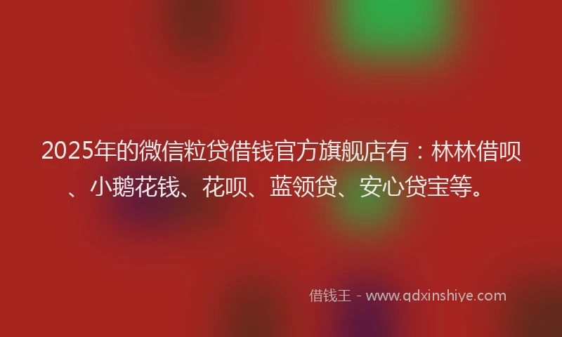 2025年的微信粒贷借钱官方旗舰店有：林林借呗、小鹅花钱、花呗、蓝领贷、安心贷宝等。