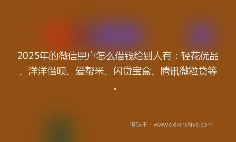 2025年的微信黑户怎么借钱给别人有：轻花优品、洋洋借呗、爱帮米、闪贷宝盒、腾讯微粒贷等。