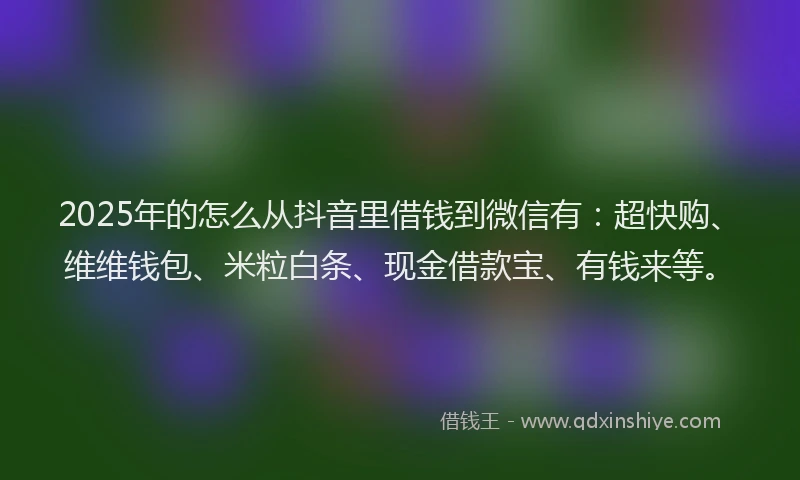 2025年的怎么从抖音里借钱到微信有：超快购、维维钱包、米粒白条、现金借款宝、有钱来等。