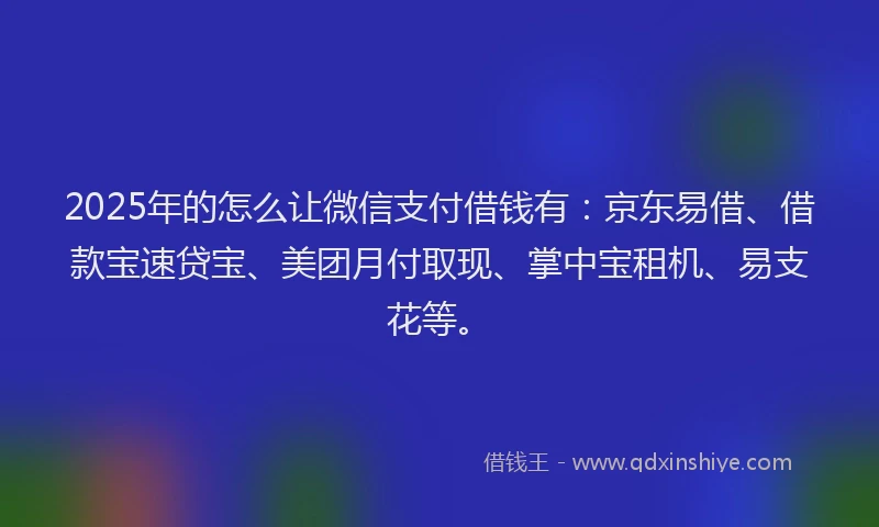 2025年的怎么让微信支付借钱有:京东易借、借款宝速贷宝、美团月付取现、掌中宝租机、易支花等。