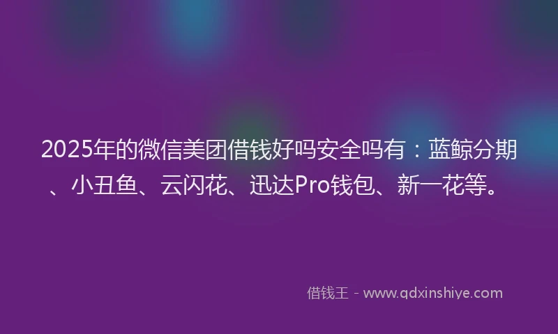 2025年的微信美团借钱好吗安全吗有：蓝鲸分期、小丑鱼、云闪花、迅达Pro钱包、新一花等。