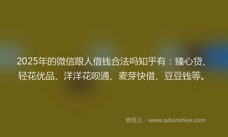 2025年的微信跟人借钱合法吗知乎有：臻心贷、轻花优品、洋洋花呗通、麦芽快借、豆豆钱等。