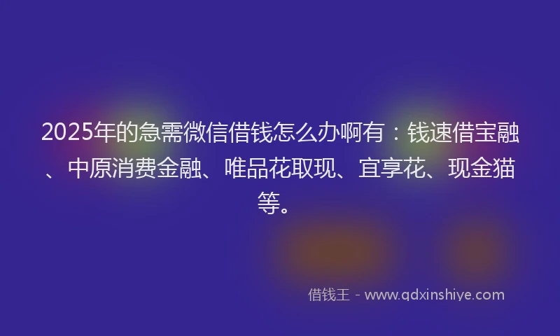 2025年的急需微信借钱怎么办啊有：钱速借宝融、中原消费金融、唯品花取现、宜享花、现金猫等。