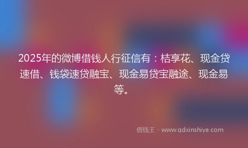2025年的微博借钱人行征信有：桔享花、现金贷速借、钱袋速贷融宝、现金易贷宝融途、现金易等。