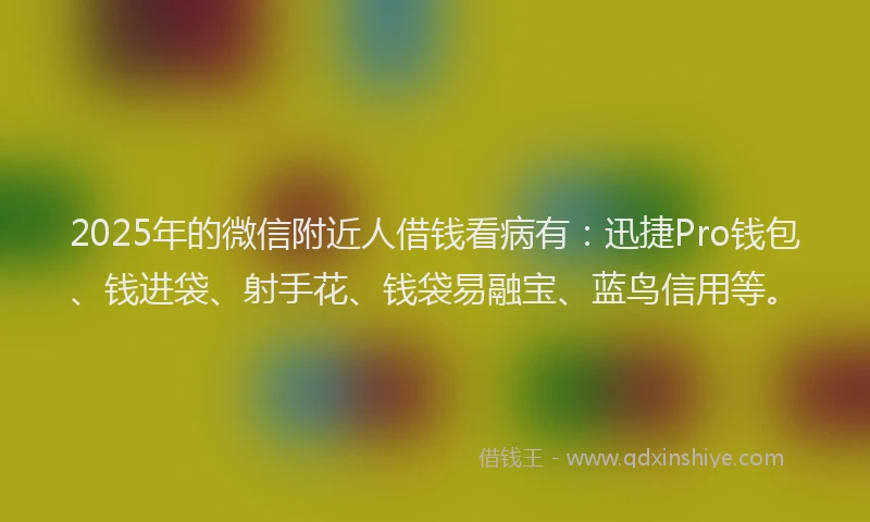 2025年的微信附近人借钱看病有：迅捷Pro钱包、钱进袋、射手花、钱袋易融宝、蓝鸟信用等。