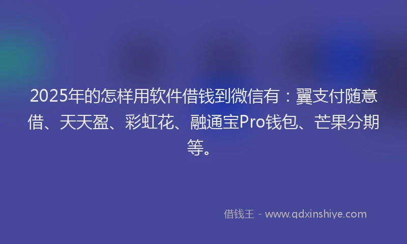 2025年的怎样用软件借钱到微信有：翼支付随意借、天天盈、彩虹花、融通宝Pro钱包、芒果分期等。